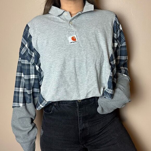 Reworked Upcycled Carhartt Long Sleeve Plaid Relaxed Fit Flannel Shirt Top - Picture 4 of 4